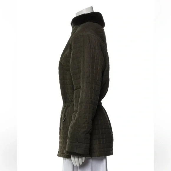 Andrew Marc Cinch Waist Coat Quilted Olive Green Faux Fur - Picture 2 of 3